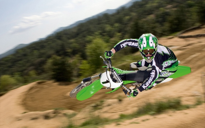 Motocross - Green Kawasaki in Flight, 1