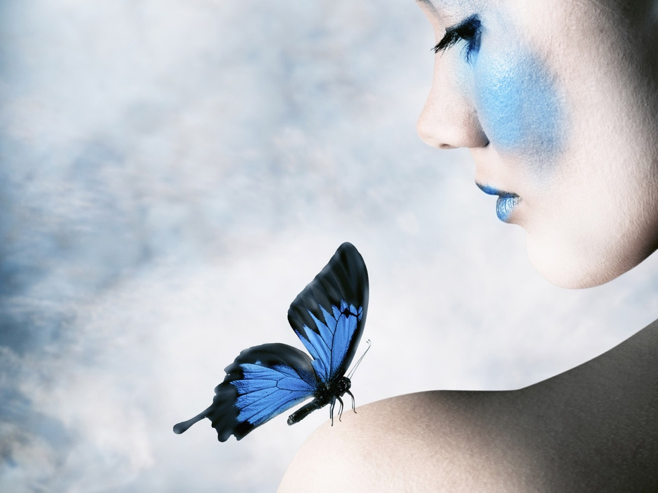 Blue Butterfly On Her Shoulder