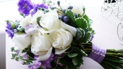 Wedding Bouquet - White Roses and Purple Flowers